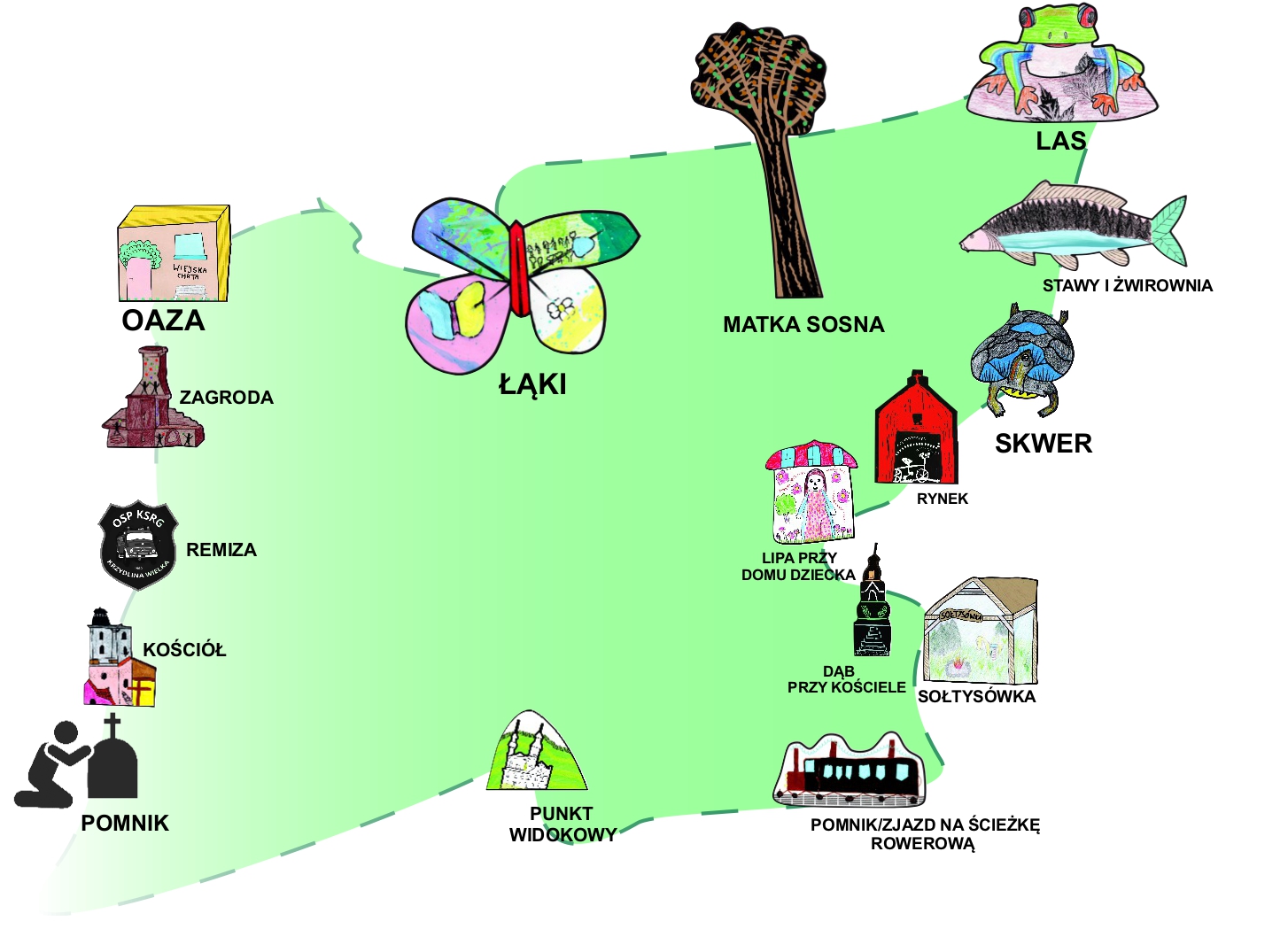 Mapa ścieżki przedstawiająca przystanki których ozdobą są ławki w kształcie charakterystycznych dla danego miejsca atrakcji, przedstawionych oczami dziecka w formie rysunków wykonanych na warsztatach 